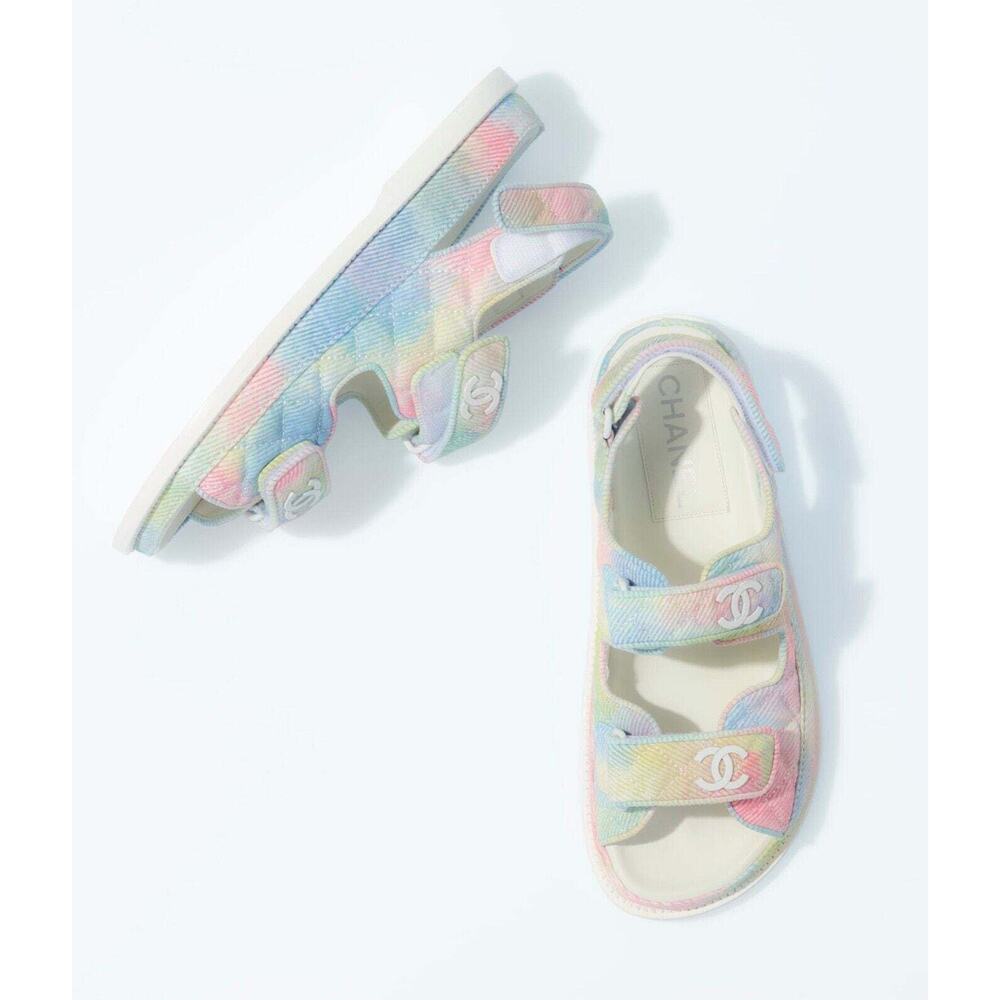 Chanel 22C Green Pink Blue White CC Logo Mule Slide Strap Flat Dad Sandal 35 - Picture 5 of 12